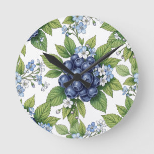 Vintage Blueberry Blossom Botanical Pattern Round Clock