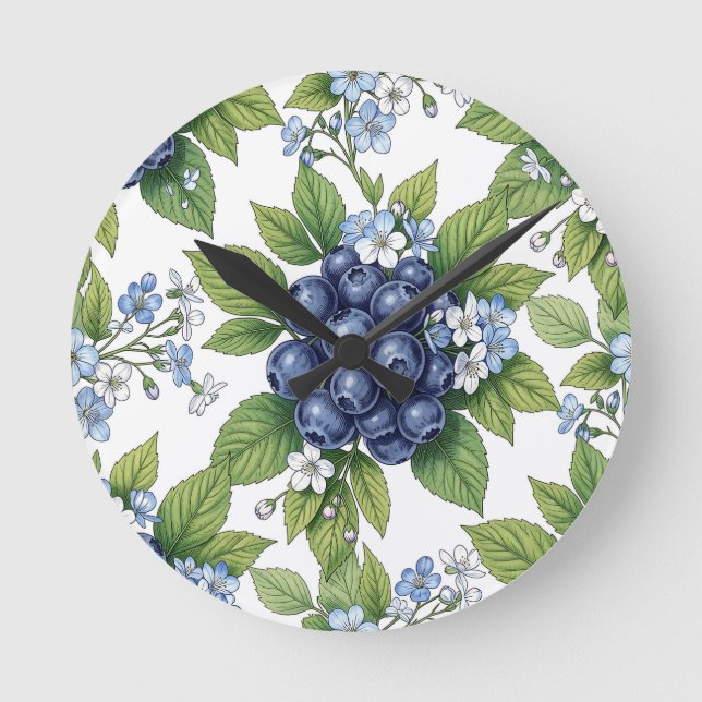 Vintage Blueberry Blossom Botanical Pattern Round Clock (Front)