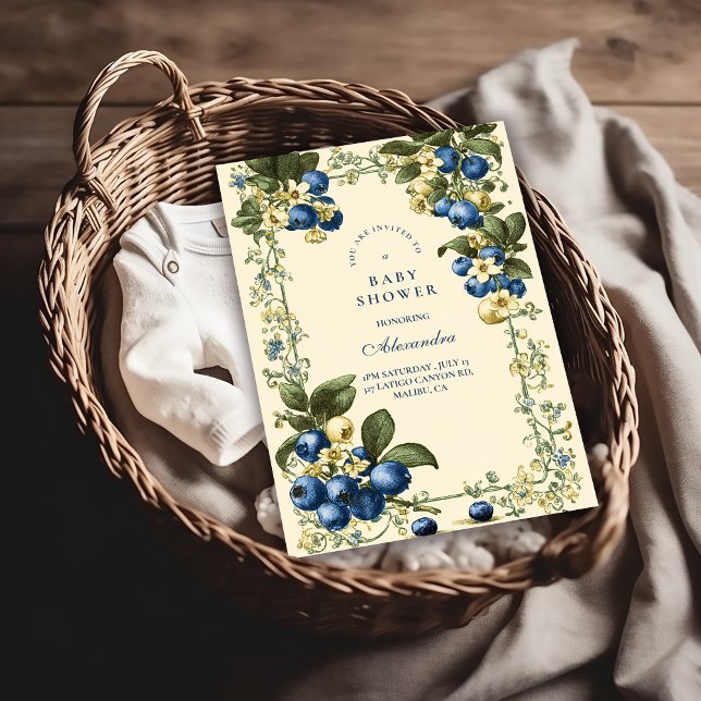 Vintage Blueberry Botanical Baby Shower Invitation (Creator Uploaded)