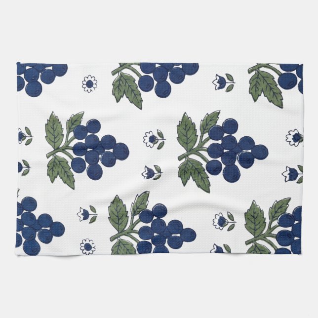 Vintage Blueberry Botanical Seamless Pattern Tea Towel (Horizontal)