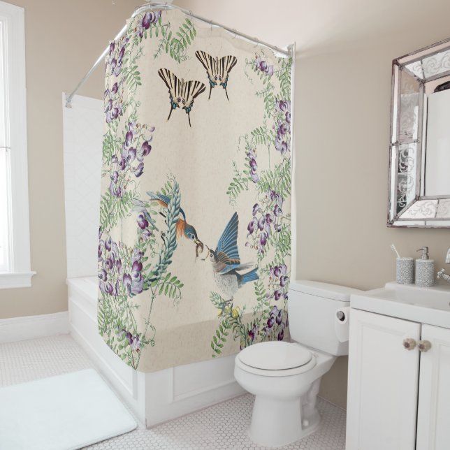 Vintage Bluebird Butterfly Flowers Shower Curtain (In Situ)