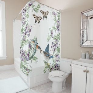 Vintage Bluebird Butterfly Flowers Shower Curtain