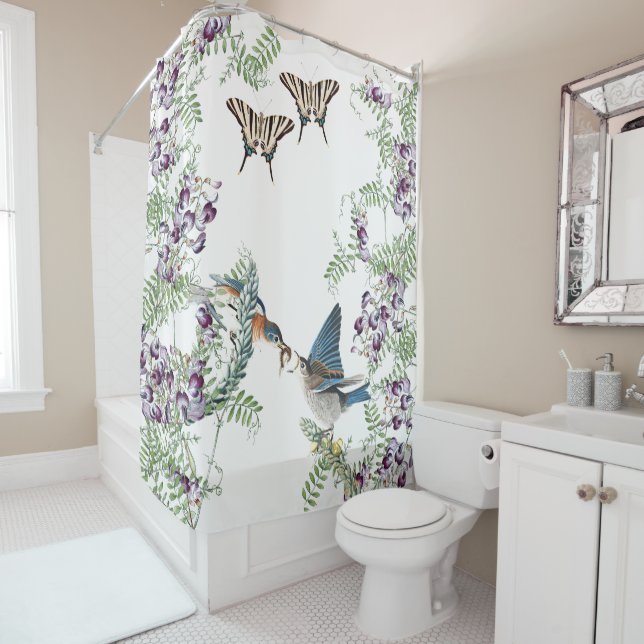 Vintage Bluebird Butterfly Flowers Shower Curtain (In Situ)