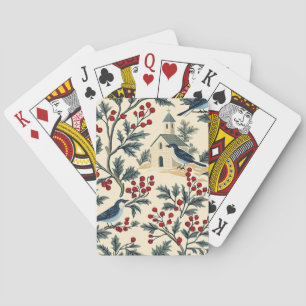 Vintage Bluebird Holly Christmas Cream Red Playing Cards