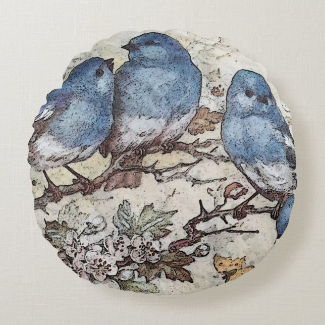 Vintage bluebird illustration cute birds nature round cushion (Front)