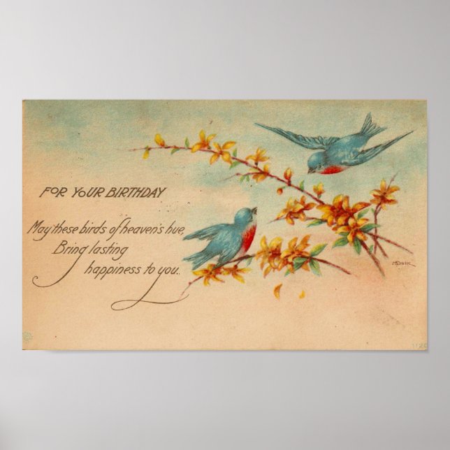 Vintage Bluebirds Birthday Postcard Poster (Front)