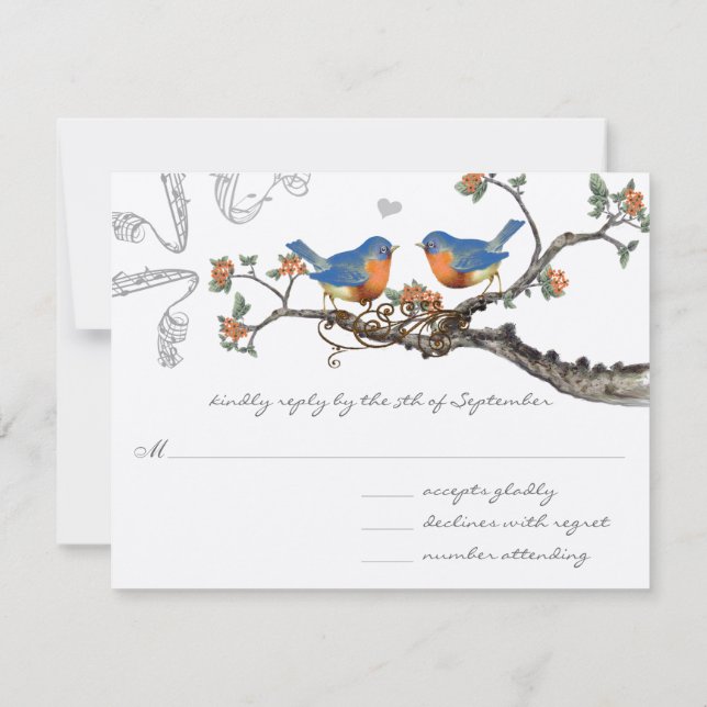 Vintage  Bluebirds Blooming Branch Wedding RSVP Card (Back)