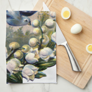 vintage bluebirds flowers lily of the valley birds tea towel