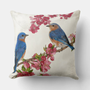 Vintage Bluebirds & Pink Cherry Blossoms Botanical Cushion