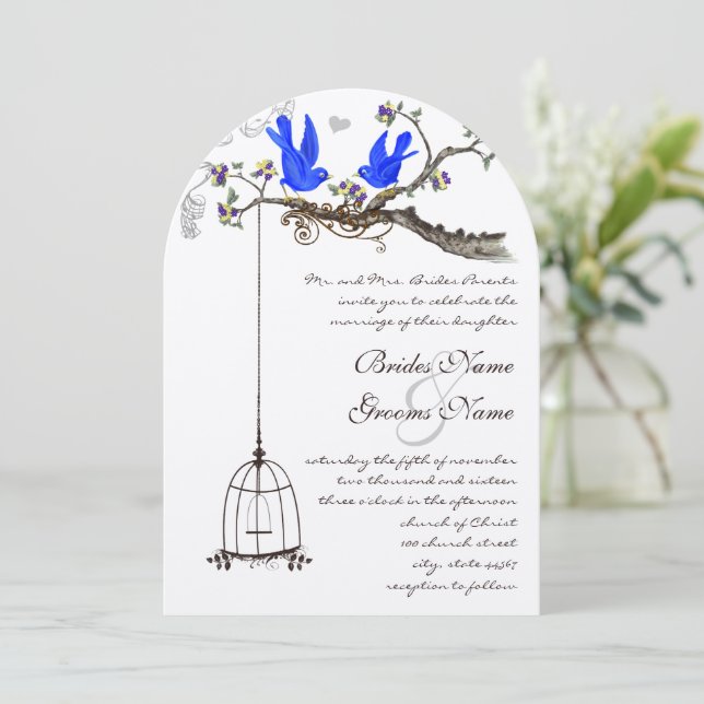 Vintage Bluebirds Royal Blue Blooms Wedding Invitation (Standing Front)