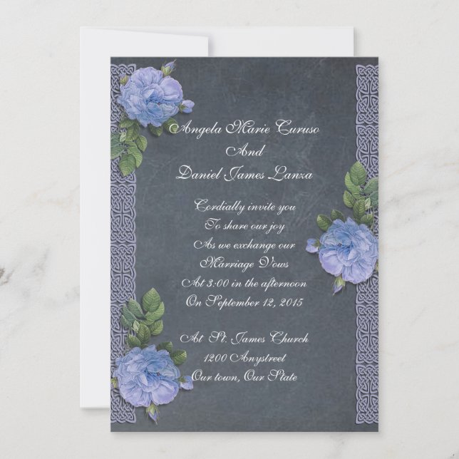 Vintage blues roses chalkboard wedding Invitation (Front)