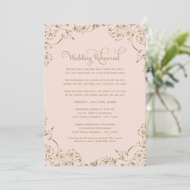 Vintage Blush and Antique Gold Wedding Rehearsal Invitation (Standing Front)