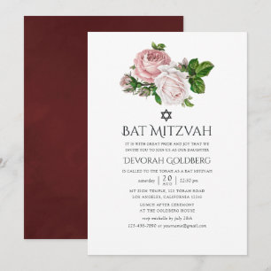 Vintage Blush and Burgundy Floral Bat Mitzvah Invitation