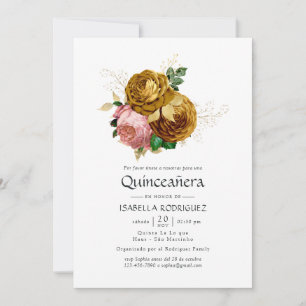 Vintage Blush and Gold Floral Quinceañera Invitation