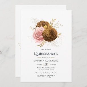 Vintage Blush and Gold Floral Quinceañera Invitation