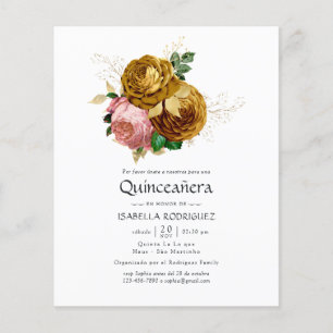 Vintage Blush and Gold Floral Quinceañera Invite Flyer