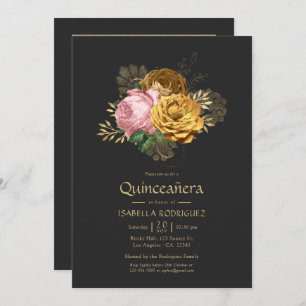 Vintage Blush and Gold Floral Quinceañera Photo Invitation