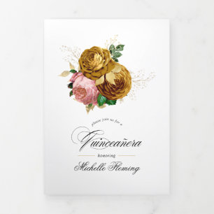 Vintage Blush and Gold Floral Quinceañera Photo Tri-Fold Invitation