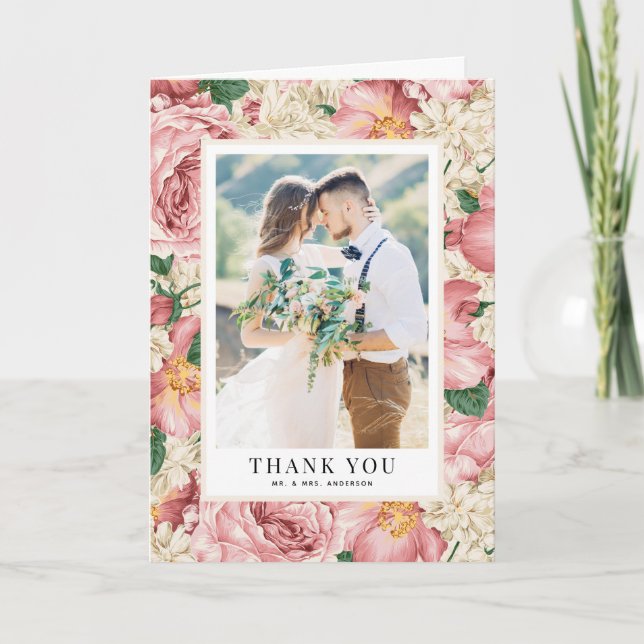 Vintage Blush and Ivory Flowers Wedding Photo Thank You Card (Front)
