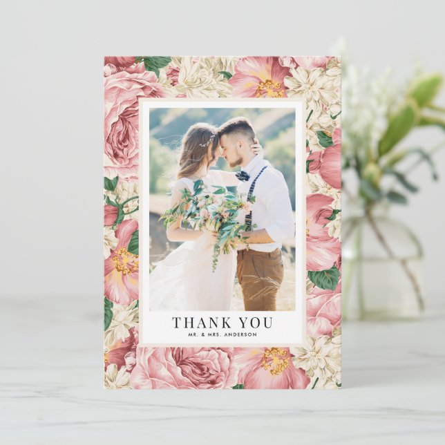 Vintage Blush and Ivory Flowers Wedding Photo Thank You Card (Standing Front)