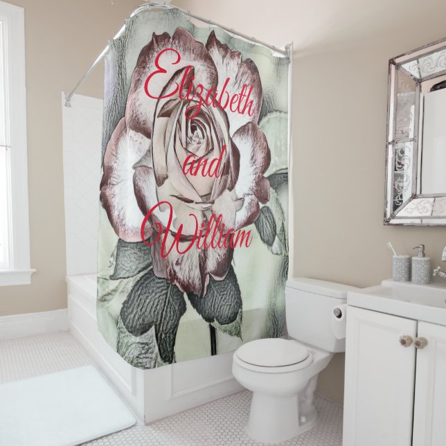 Vintage Blush and Red Rose Drawing Shower Curtain (In Situ)