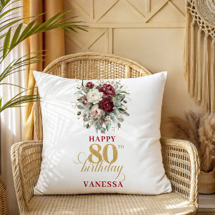 Vintage Blush Burgundy 80th Birthday Decor Pillow