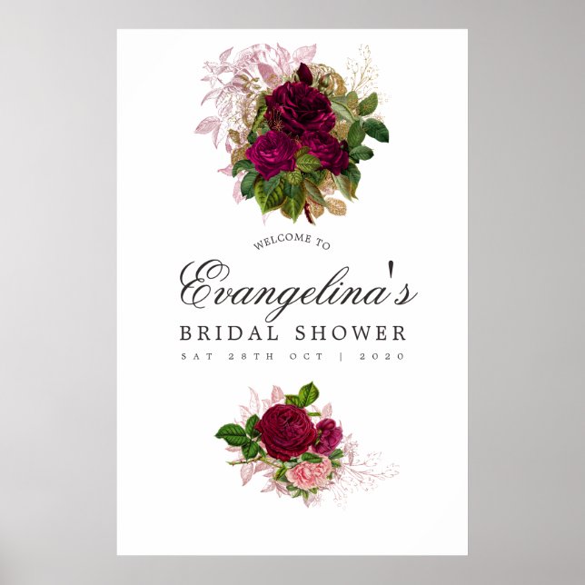 Vintage Blush & Burgundy Bridal Shower Welcome Poster (Front)