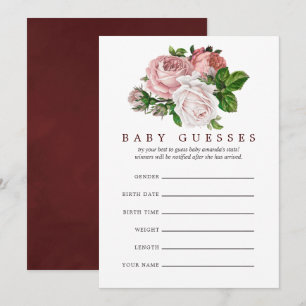 Vintage Blush & Burgundy Floral Baby Shower Guess Invitation