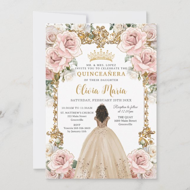 Vintage Blush Champagne Floral Dress Quinceanera Invitation (Front)