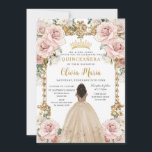 Vintage Blush Champagne Floral Dress Quinceanera Invitation<br><div class="desc">Personalise this pretty blush pink champagne floral Quinceañera / Sweet 16 birthday invitation easily and quickly. Simply click the customise it further button to edit the text, change fonts and fonts colours. Featuring a girl dressed in a beautiful champagne dress, chic blush pink flowers and an ornate vintage gold frame....</div>