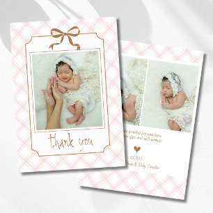 Vintage Blush Chequered Plaid Baby Photo Thank You Announcement