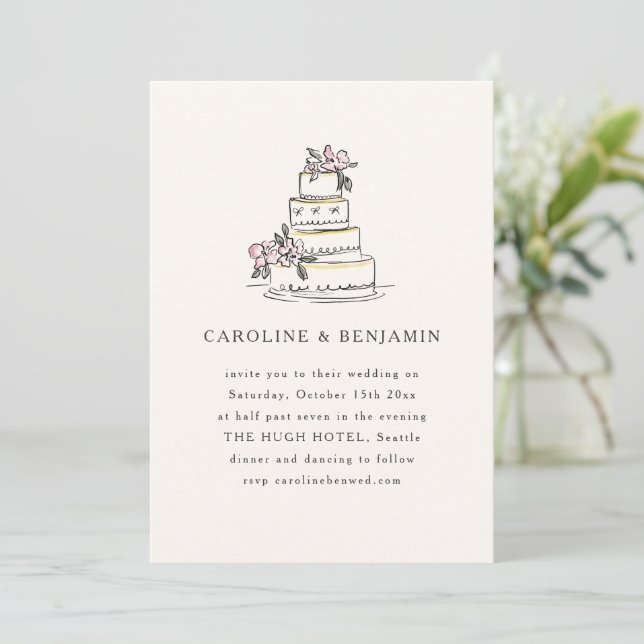 Vintage Blush Cream Doodle Minimalist Wedding Cake Invitation (Standing Front)