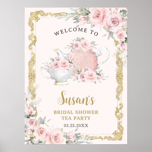 Vintage Blush Floral High Tea Baby Bridal Shower  Poster (Front)