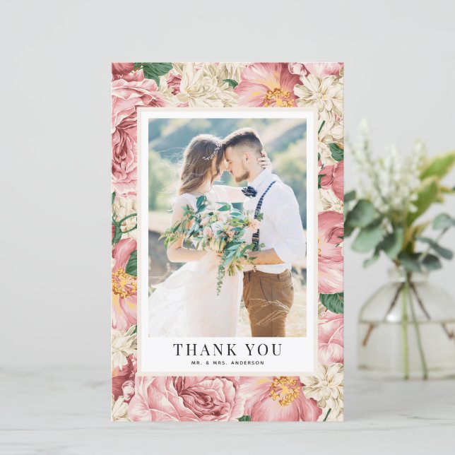 Vintage Blush Flowers Wedding Photo Thank You Card (Standing Front)