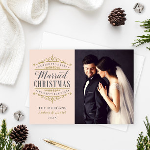 Vintage Blush Gold Married Christmas Wedding Photo Holiday Card