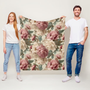 Vintage Blush Peony Cream Floral Pattern Fleece Blanket