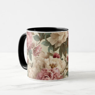 Vintage Blush Peony Cream Floral Pattern Mug