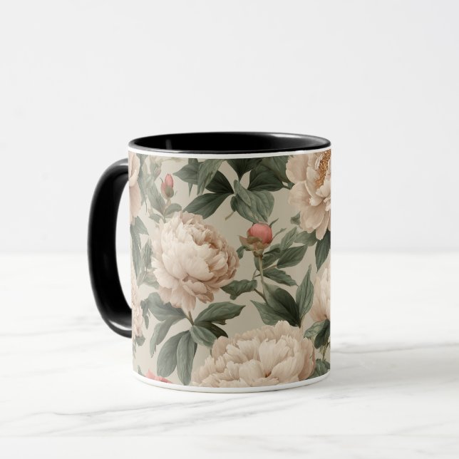 Vintage Blush Peony Cream Floral Pattern Mug (Front Left)