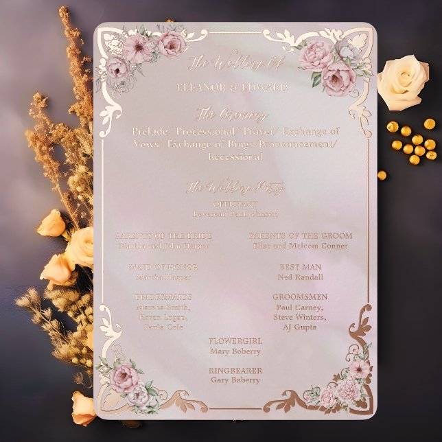 Vintage Blush Peony Wedding Foil Program Card (Creator Uploaded)