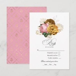 Vintage Blush Pink and Gold Floral Quinceañera RSVP Card