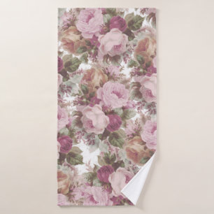 Vintage blush pink burgundy roses floral painting. bath towel