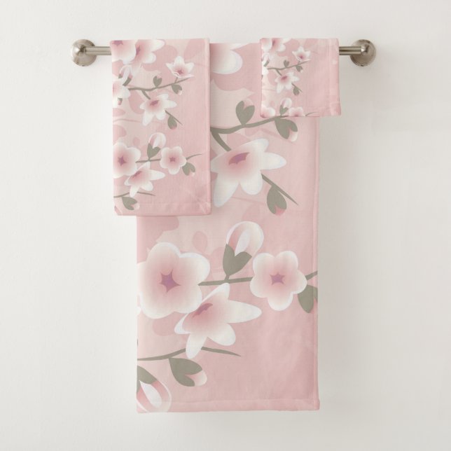 Vintage Blush PInk Cherry Blossom Bath Towel Set (Insitu)