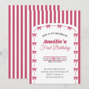 Vintage Blush Pink Coquette Bow Girl 1st Birthday Invitation
