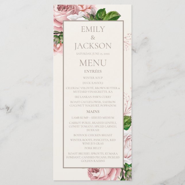 Vintage Blush Pink Cream Floral Wedding Menu (Front)