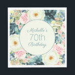 Vintage Blush Pink Cream Teal 70th Birthday  Napkin<br><div class="desc">These 70th birthday party paper napkins are designed with a pretty feminine wreath of beautiful vintage,  blush pink,  ivory cream,  and teal watercolor flowers.  Text is fully customisable,  so design these paper party napkins for anyone of any age.</div>