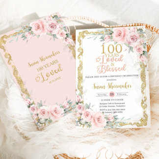 Vintage Blush Pink Floral 100th Birthday Loved Invitation
