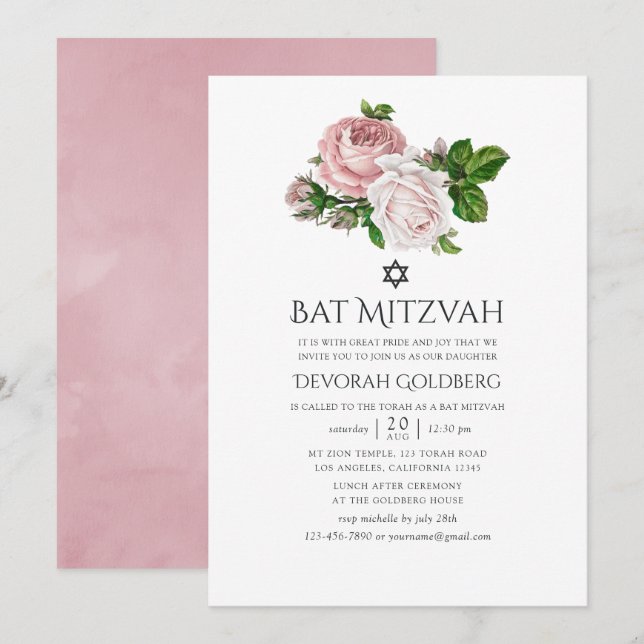 Vintage Blush Pink Floral Bat Mitzvah Invitation (Front/Back)