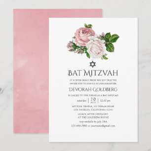 Vintage Blush Pink Floral Bat Mitzvah Invitation