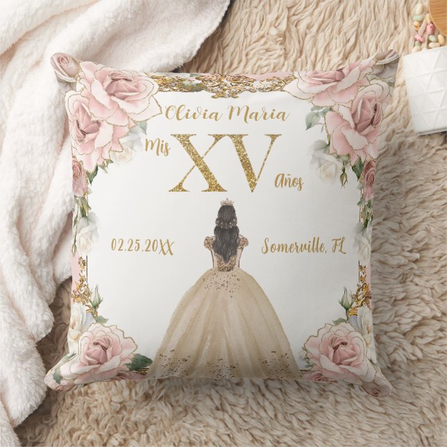 Vintage Blush Pink Floral Champagne Quinceañera Cushion (Blanket)