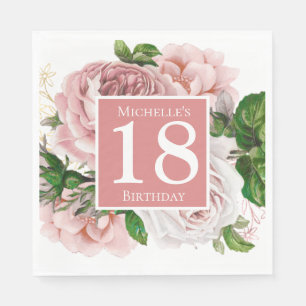 Vintage Blush Pink Floral Greenery 18th Birthday Napkin